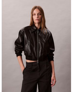 Calvin Klein Cropped Faux Leather Bomber Jacket - Black
