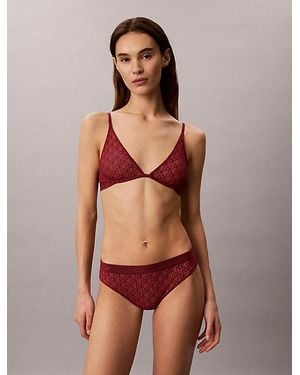 Calvin Klein Unlined Plunge Bra Minimalist Emblem Flocked Mesh - Red