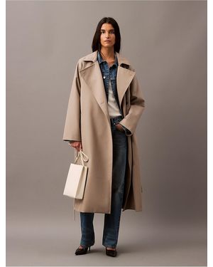 Calvin Klein Long Wool Twill Blend Trench Coat - Natural