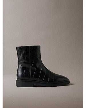 Calvin Klein Leather Croc Effect Ankle Boots - Black
