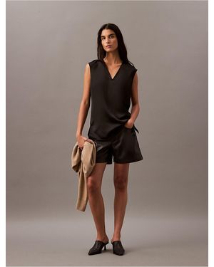 Calvin Klein Satin Sleeveless V Neck Blouse - Brown