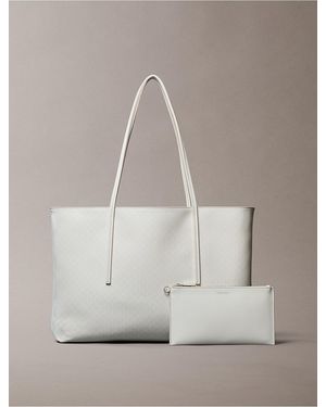 Calvin Klein Allover Monogram Logo Tote Bag With Pouch - Gray