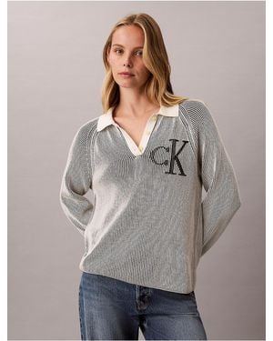 Calvin Klein Calvin Klein Bicolor Rib Monogram Polo Sweater - Gray