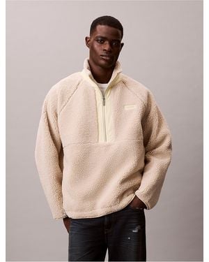 Calvin Klein Sherpa Roll Neck Quarter Zip Sweatshirt - Natural