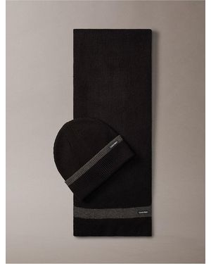 Calvin Klein Striped Ribbed Beanie & Scarf - Black