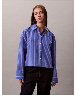 Calvin Klein Stripe Cropped Boxy Button-Up Shirt - Blue