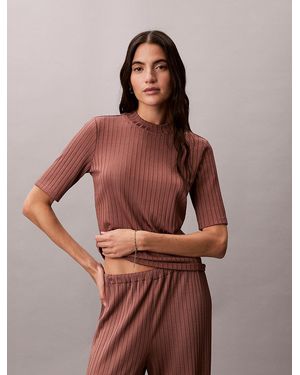 Calvin Klein Shiny Ribbed Mock Neck Top - Brown