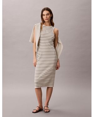 Calvin Klein Monologo Rib Stripe Midi Dress - Natural