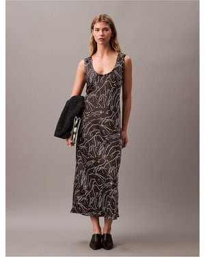Calvin Klein Crushed Satin Print Midi Dress - Brown