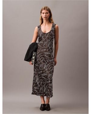 Calvin Klein Crushed Satin Print Midi Dress - Brown