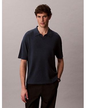 Calvin Klein Linen Blend Open Collar Polo Shirt - Blue