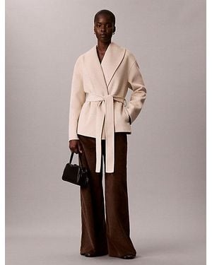 Calvin Klein Wool Blend Shawl Collar Wrap Coat - Natural