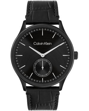 Calvin Klein Brushed Dial Leather Strap Watch - Black