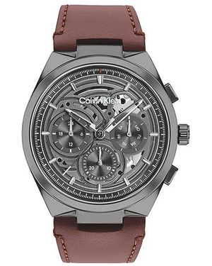 Calvin Klein Multifunction Leather Strap Skeleton Watch - Grey