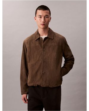 Calvin Klein Suede Button-Down Bomber Jacket - Brown