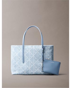 Calvin Klein Allover Emblem Logo Denim Small Tote Bag - Blue