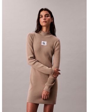 Calvin Klein Cotton Knit Roll Neck Dress - Brown