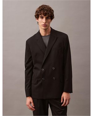Calvin Klein Double-Breasted Wool Gabardine Blend Blazer - Gray