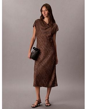 Calvin Klein Printed Crepe Cowl Neck Dress - Brown