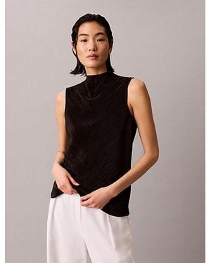 Calvin Klein Plissé Mock Neck Sleeveless Top - Brown