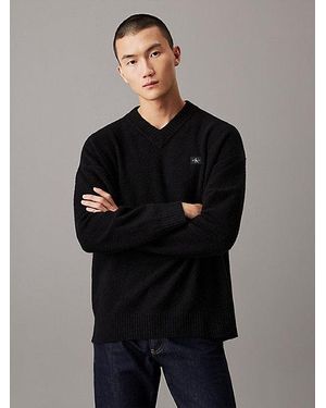 Calvin Klein Katoenen Bouclé Trui Met V-Hals - Zwart