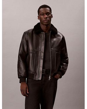 Calvin Klein Leather Bomber Jacket - Brown