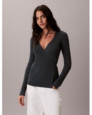 Calvin Klein Linen Blend Ribbed Wrap Cardigan - Black