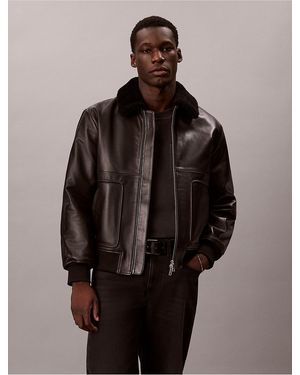 Calvin Klein Leather Bomber Jacket - Brown