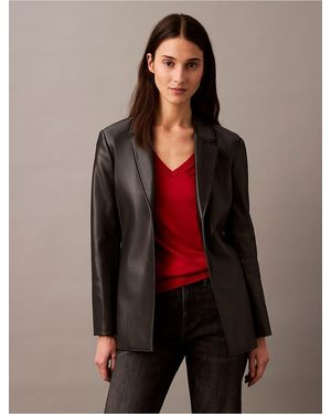 Calvin Klein Faux Leather Slim Fit Blazer - Brown