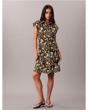 Calvin Klein Calvin Klein Printed Lyocell Pleated Shirt Dress - Natural