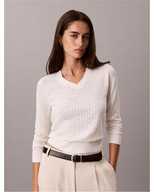Calvin Klein Pointelle Knit Long Sleeve Top - White
