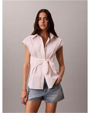 Calvin Klein Cotton Poplin Stripe Tie Button-Down Shirt - Pink