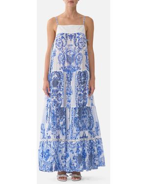 CAMILLA Long Tiered Dress With Bow Ties Ceramic Panoramic - Blue