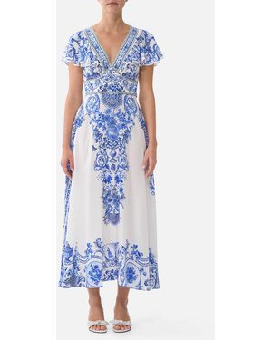 CAMILLA Waisted Midi Dress With Flutter Sleeve Ceramic Panoramic - Blue