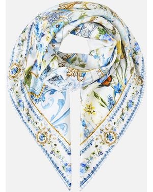CAMILLA Large Crystalled Silk Square Scarf Dandelion Skies - Blue