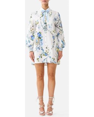 CAMILLA Collared Shirt Dress With Pintucks Dandelion Skies - Blue