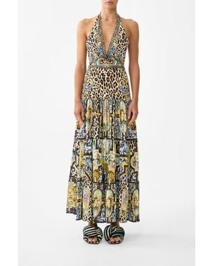 CAMILLA Halter Jersey Dress With Tiered Skirt Sevillian Style - White