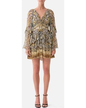CAMILLA Short Waistband Dress With Ruffle Sleeve Leopard Libertine - Yellow