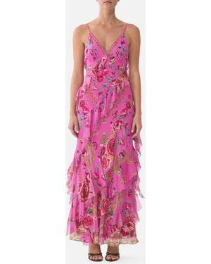 CAMILLA Asymmetrical Ruffle Slip Dress Matadora Flora - Pink