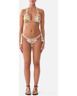 CAMILLA Soft Thick Tie Tri Bikini Set W Eyelet Trims Painted Prayers - Yellow