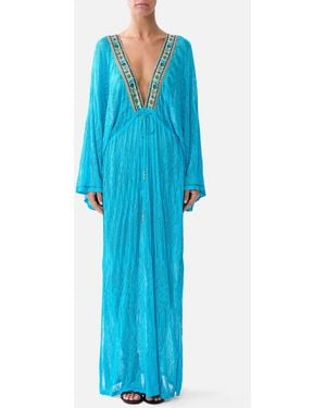 CAMILLA Knit Kaftan With Silk Neckline Totems And Treasures - Blue