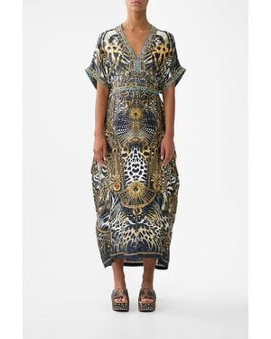 CAMILLA Short Sleeve Kaftan With Tie Waist Feline Folklore - Green