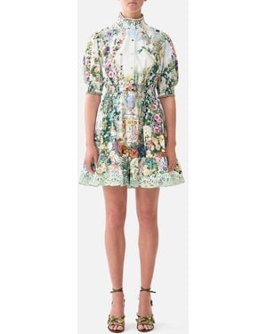CAMILLA Short Dress With Shirred Waist Art For The Empress - White