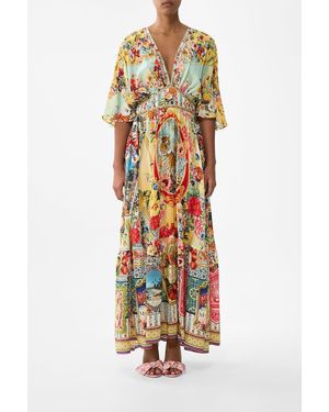 CAMILLA Waisted Dress With Hem Ruffle Aromatic Tiger Flower - White
