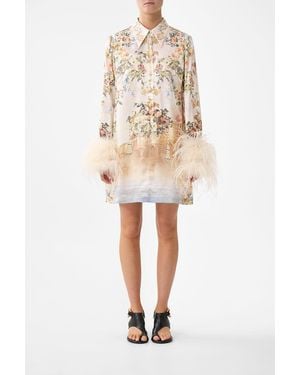 CAMILLA Mini Shirt Dress With Feathers Twilight - Natural