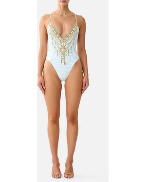 CAMILLA Padded V Neck Cross Back One Piece Spirit Of Stripes - White