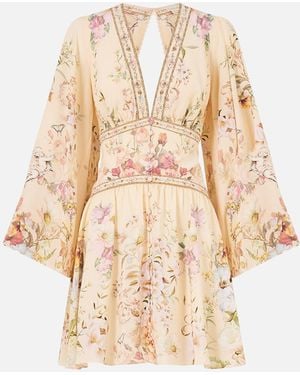 CAMILLA Button Down Short Dress With Open Back Adorned - Natural