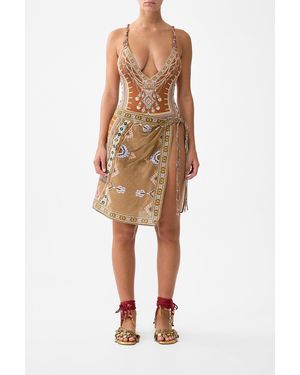 CAMILLA Woven Short Sarong With Macrame Tie Waist Fabric Of Time - Brown