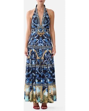CAMILLA Halter Jersey Dress With Tiered Skirt Sweet Sacré Bleu - Blue