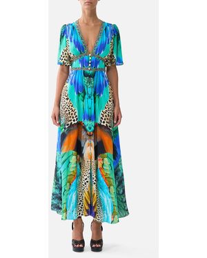 CAMILLA Shaped Waistband Dress With Flutter Sleeves Jungle Flight - Blue
